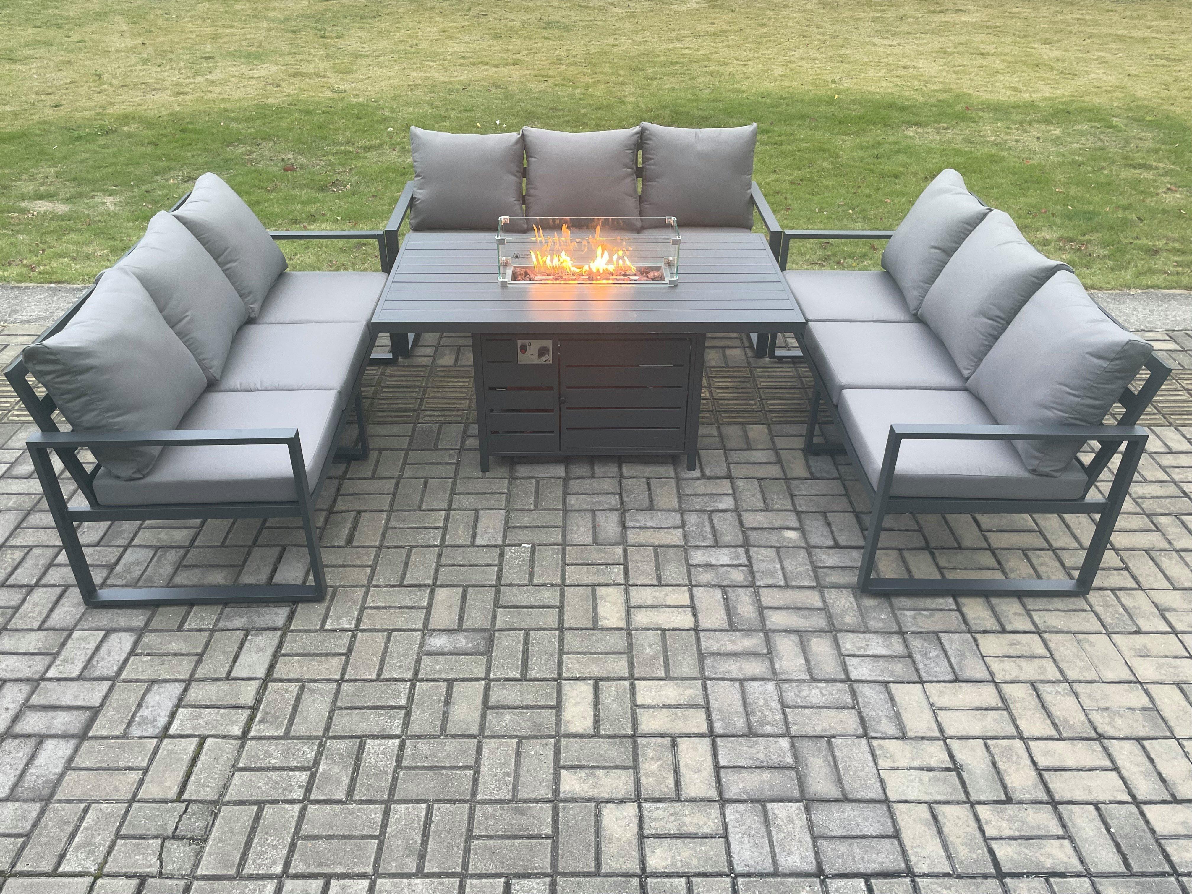Aluminium 9 Seater Garden Furniture Outdoor Set Patio Lounge Sofa Gas Fire Pit Dining Table Set Dark